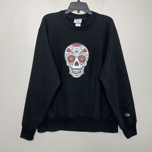 CHAMPION Reverse Weave Sweatshirt Men Large Black Day of the Dead Skull Logo
